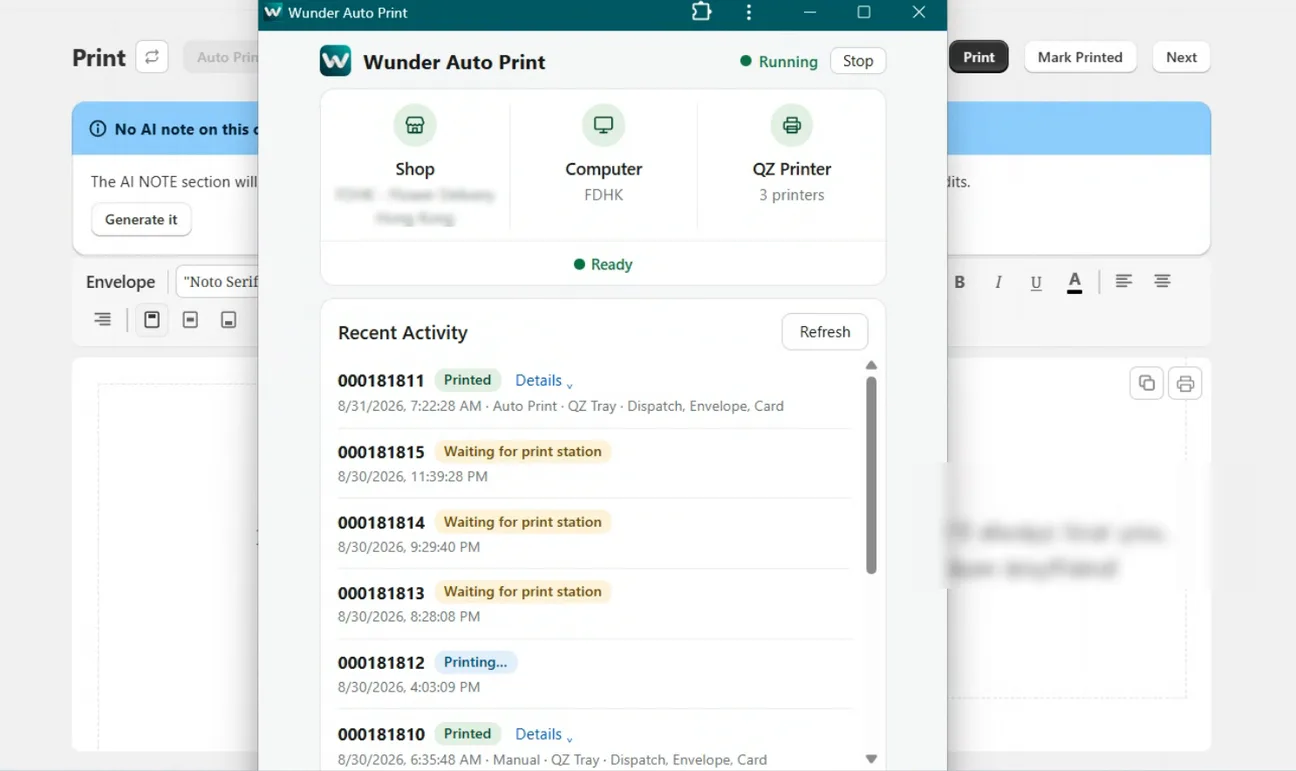 The Wunder Auto Print station application running, showing the linked shop, computer and QZ printers, and a recent activity list with printed, printing and waiting states