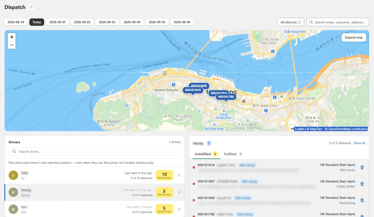 The dispatch board: a map of the day’s delivery pins over Hong Kong, a driver list showing last-seen times and remaining stops, and the selected driver’s round
