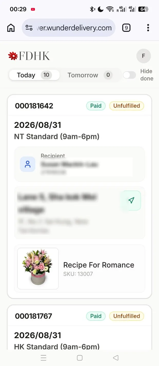 The driver portal on a phone, showing today’s count, and an order card with its delivery window, recipient block, address with a navigate button, and the product being delivered