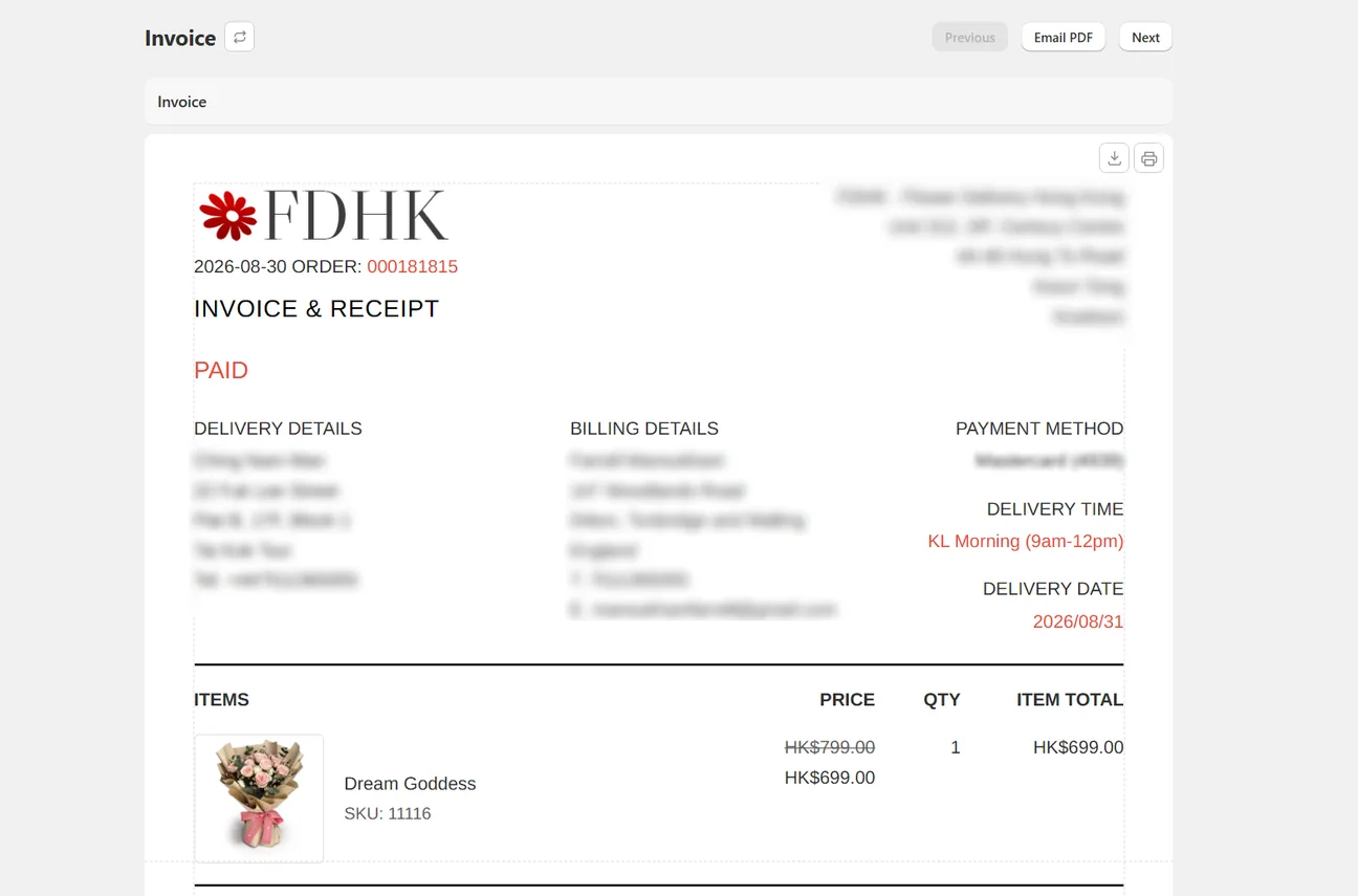 The invoice page showing an invoice and receipt with the shop’s details, payment status, delivery time and date, and the priced item list