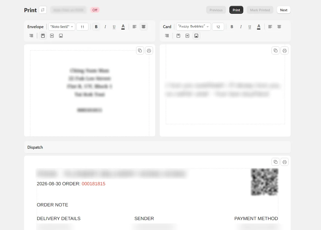 The print page showing the envelope, card and dispatch sheet previews side by side, each with its own font and alignment controls