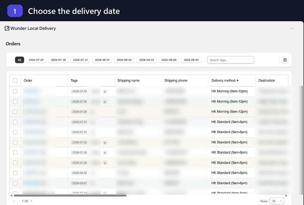 Animated walkthrough of choosing a delivery date, checking gift details, selecting orders and opening print actions