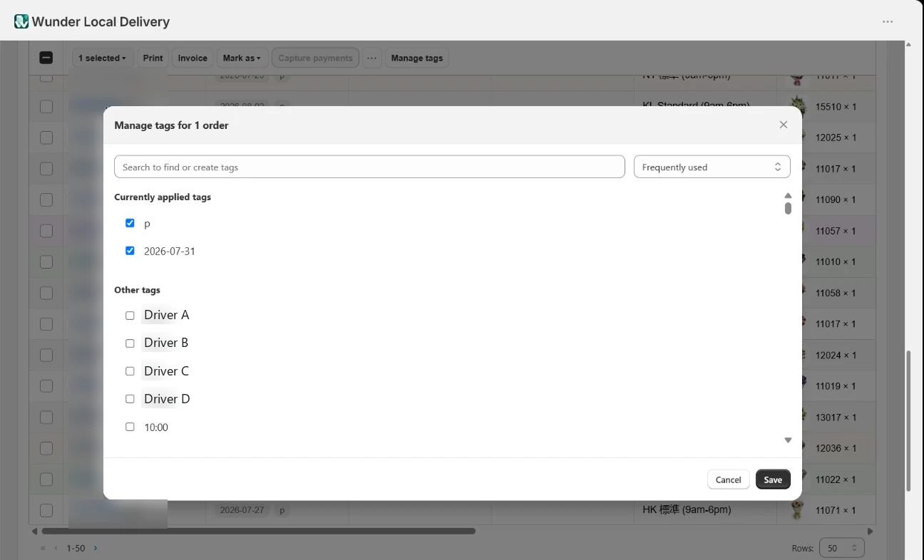 Assigning a driver to delivery orders from the order list, with customer details blurred