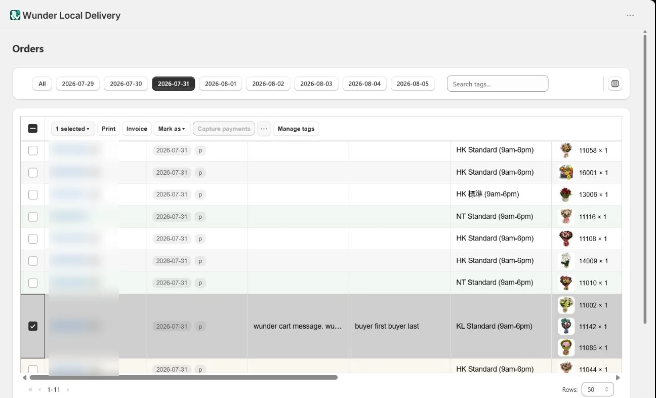 Order actions panel showing the checks and operations available on a single delivery order, with customer details blurred