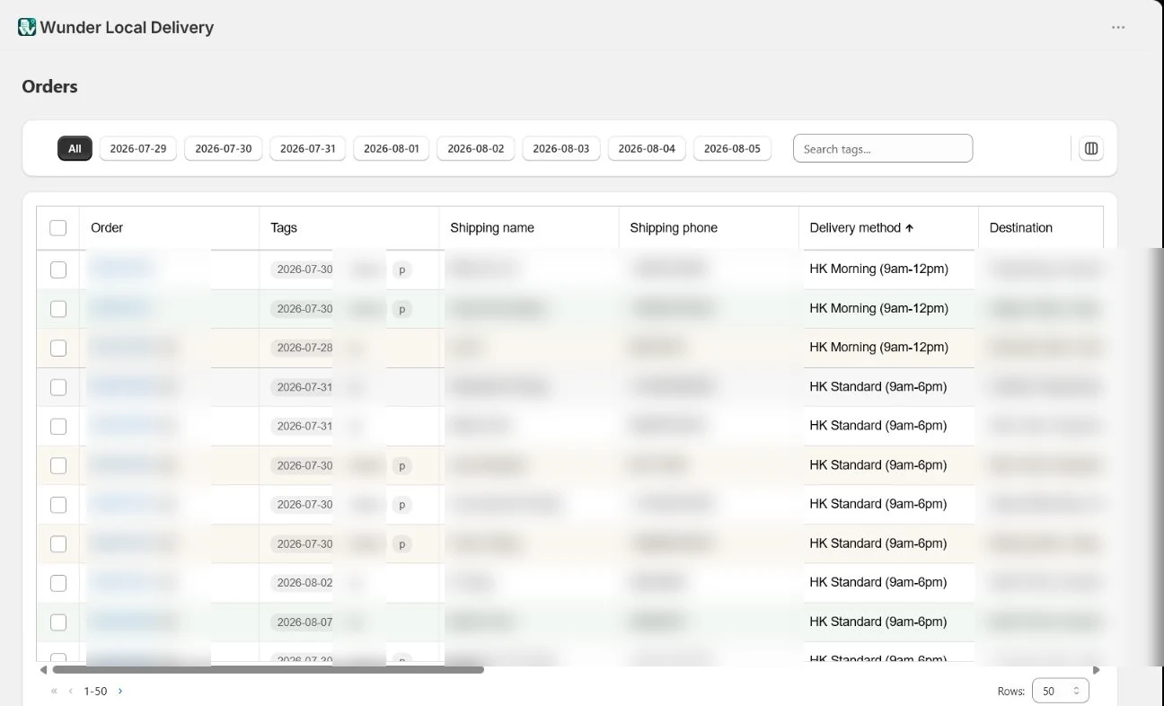 Wunder Local Delivery Orders page with date tabs and customer information blurred