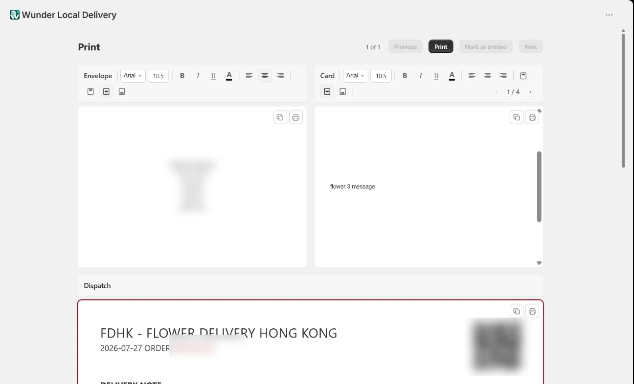 Real Wunder Local Delivery print preview with delivery details, order identifier and QR code blurred