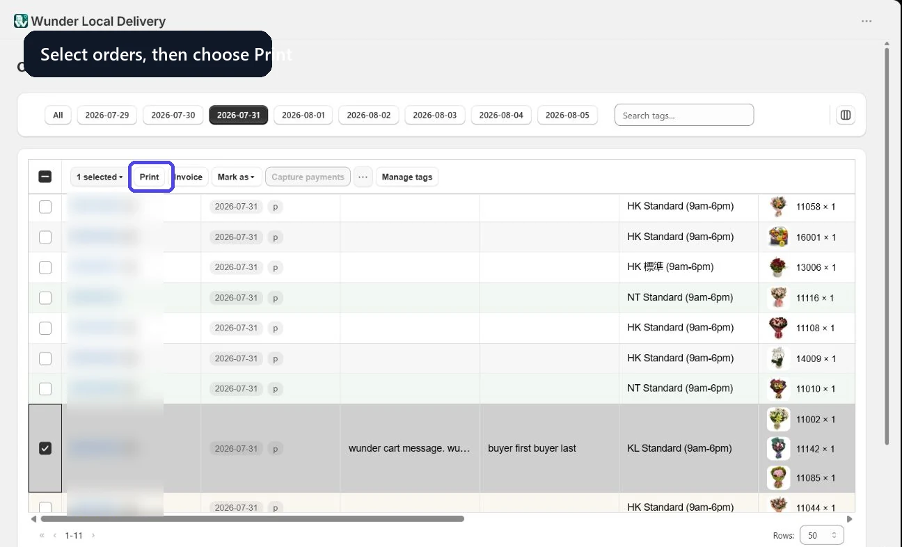 Choosing which documents to print for a group of delivery orders, with customer details blurred